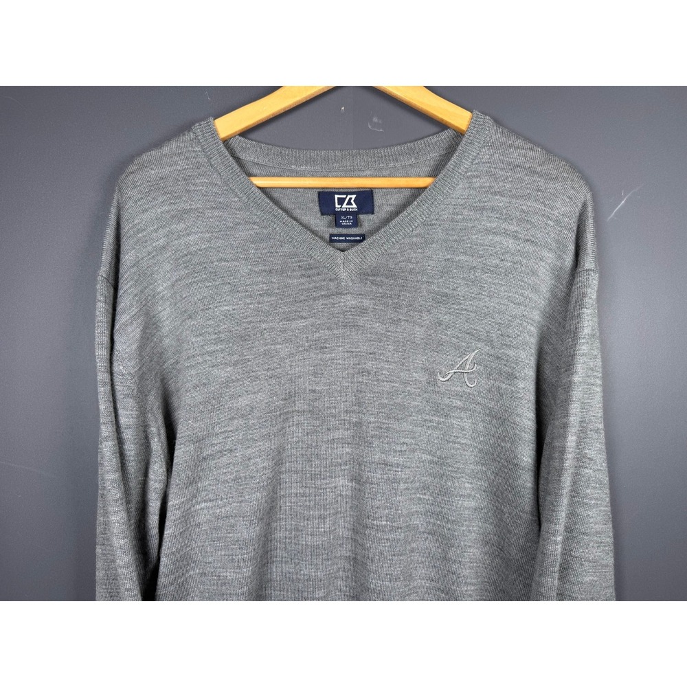 Atlanta Braves Cutter & Buck Mens XL Gray Merino Wool Blend V-Neck Sweater